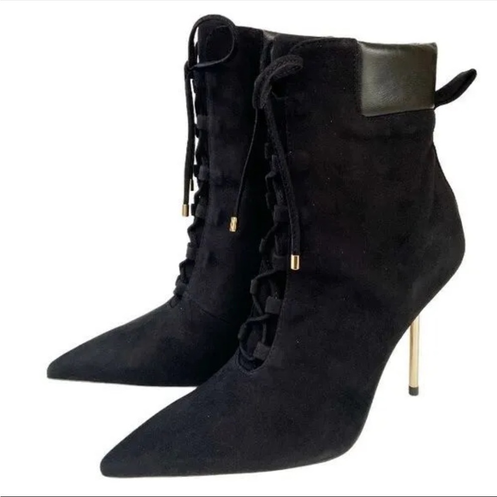 Good American Women's Scandal Lace Up High Heel Suede Booties in BLACK Size 9